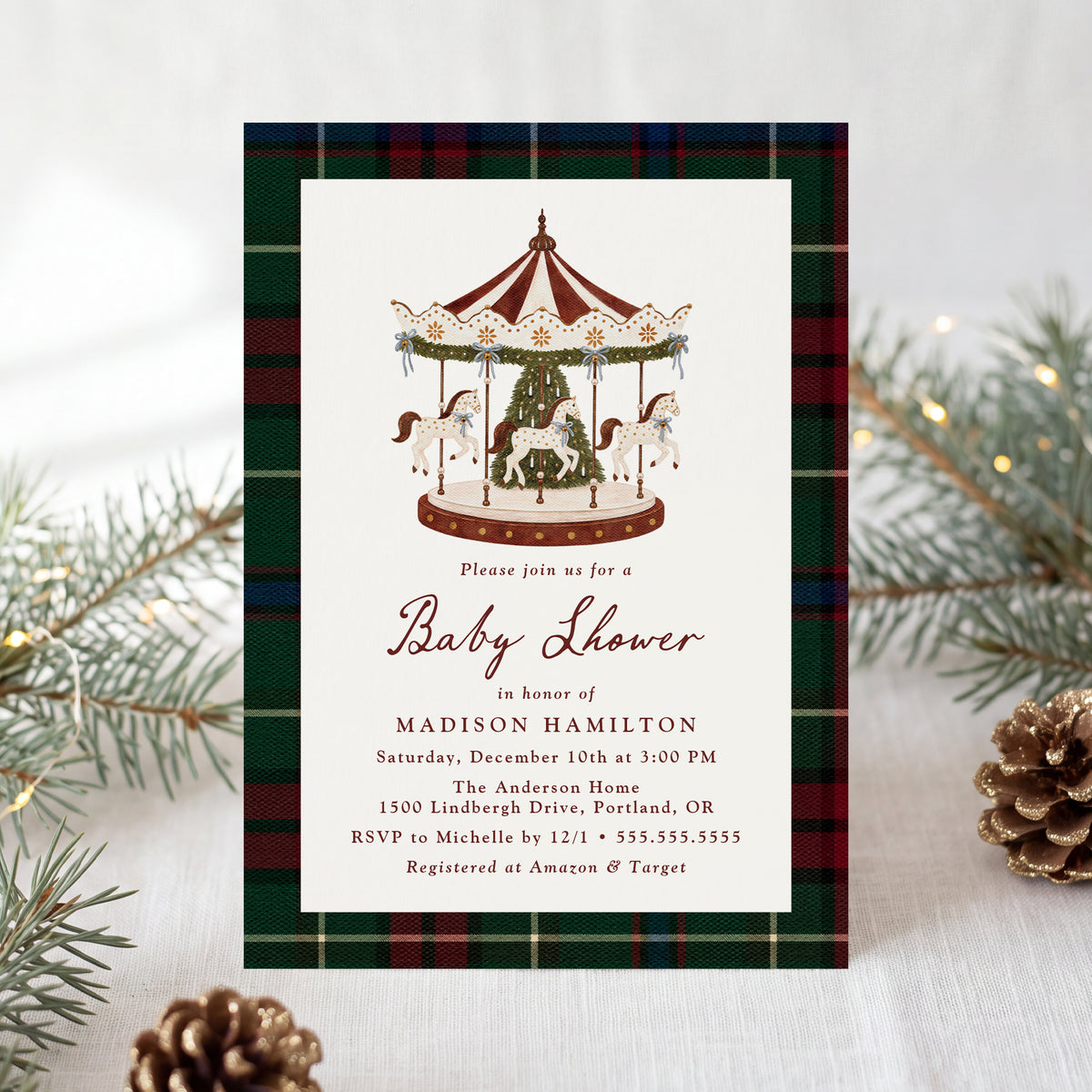Vintage Christmas Carousel Tartan Baby Shower Invitation Template