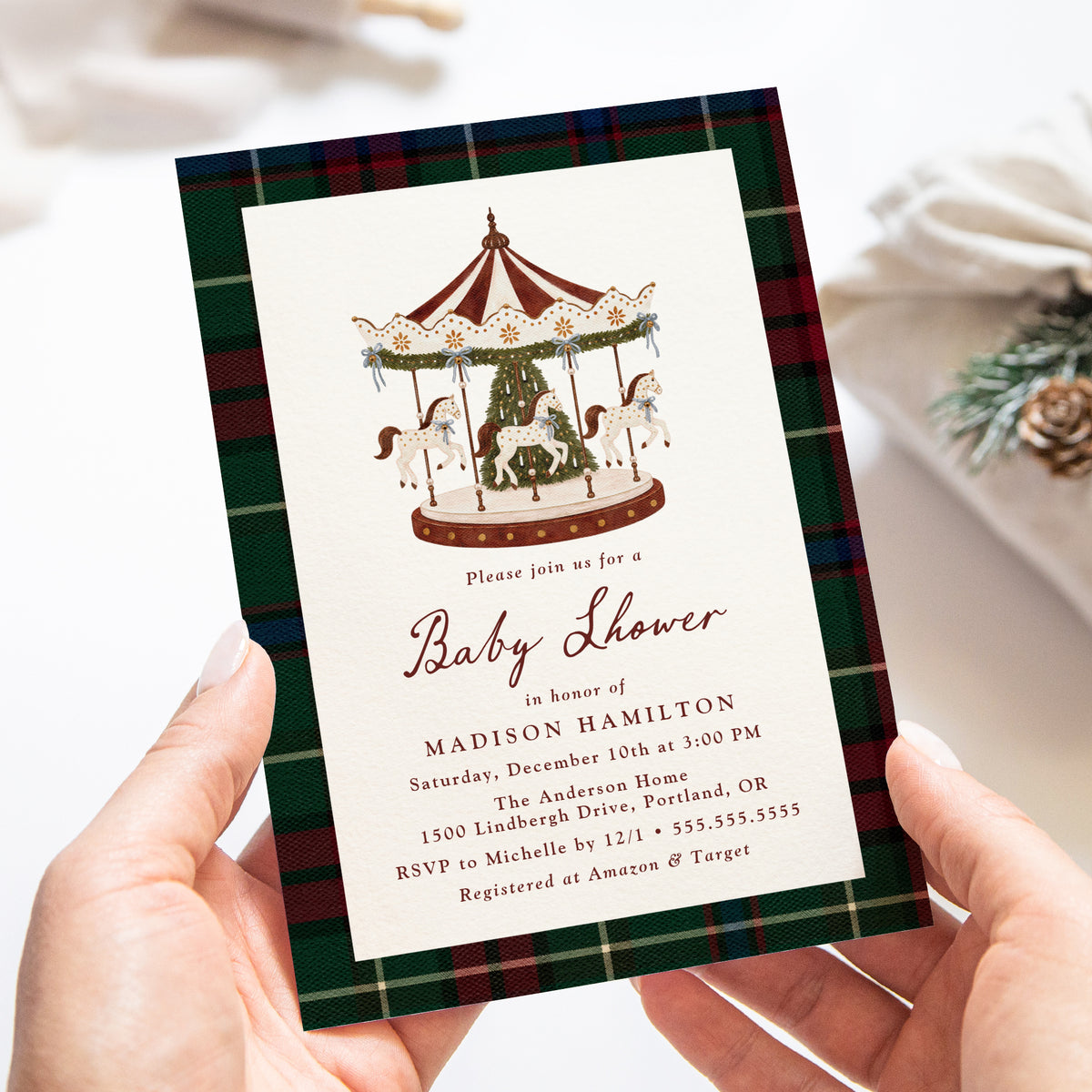 Vintage Christmas Carousel Tartan Baby Shower Invitation Template