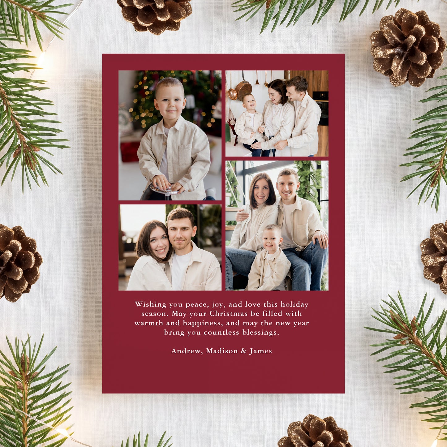 Elegant Burgundy Holly Border 5 Photo Christmas Card | Corjl Template