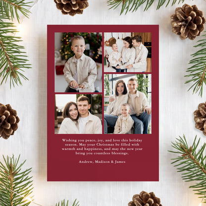 Elegant Burgundy Holly Border 5 Photo Christmas Card | Corjl Template
