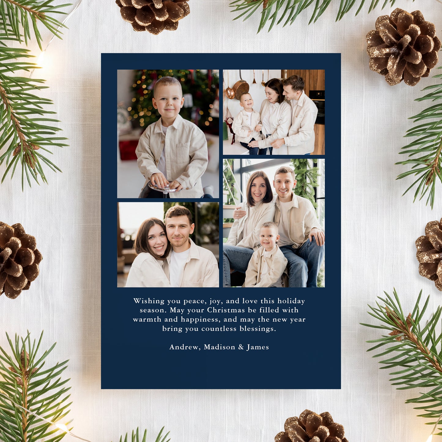 Elegant Holly Border Navy 5 Photo Christmas Card | Corjl Template