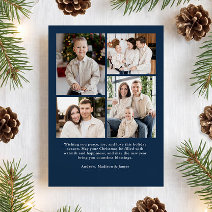Elegant Holly Border Navy 5 Photo Christmas Card | Corjl Template
