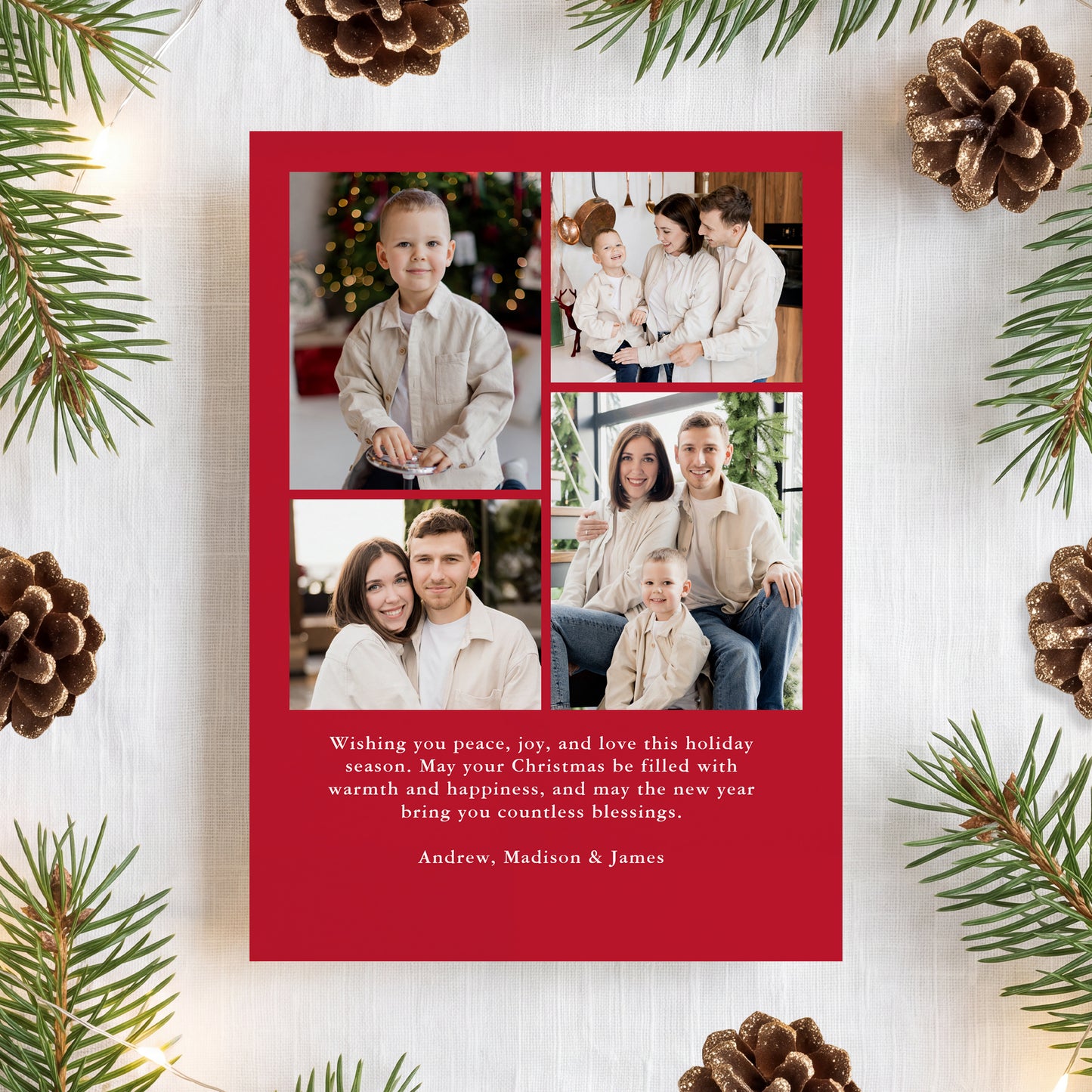 Elegant Holly Border Red 5 Photo Christmas Card | Corjl Template