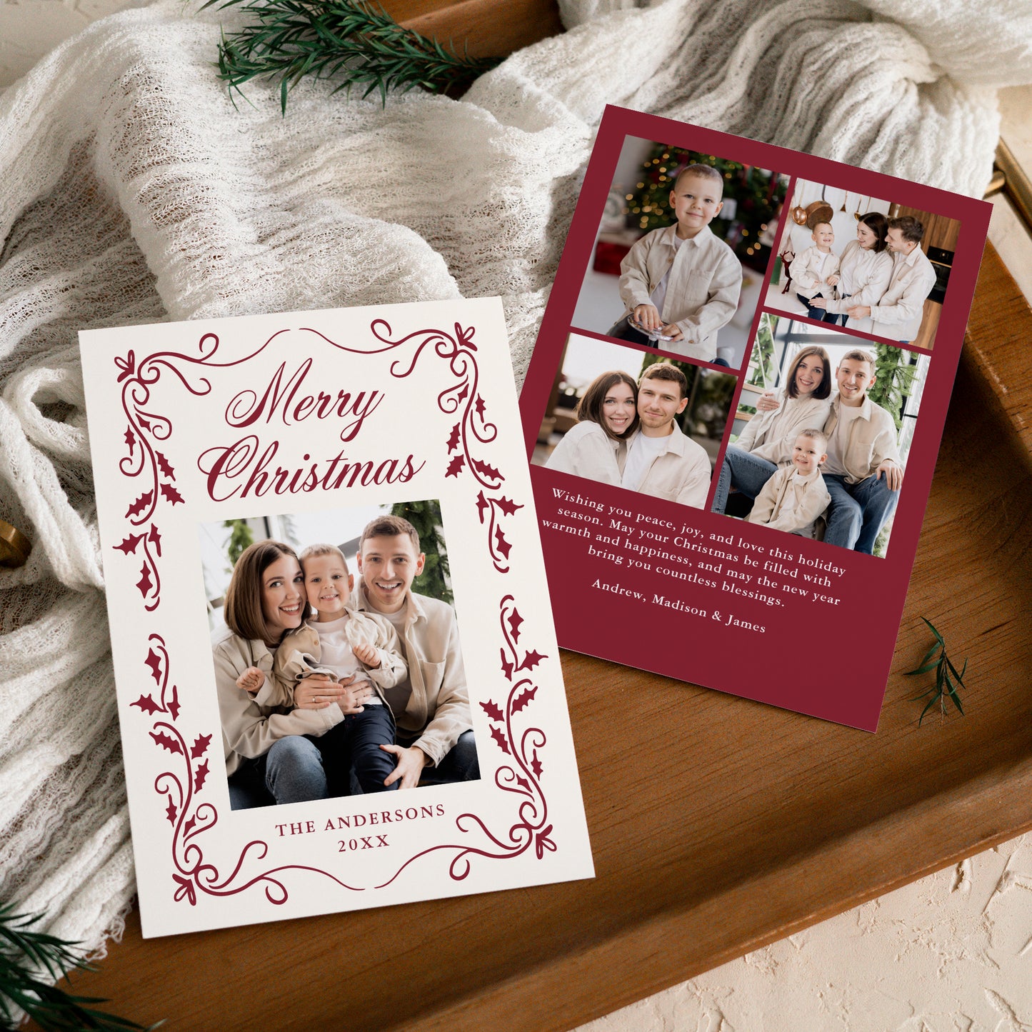 Elegant Burgundy Holly Border 5 Photo Christmas Card | Corjl Template
