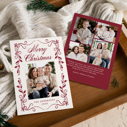 Elegant Burgundy Holly Border 5 Photo Christmas Card | Corjl Template