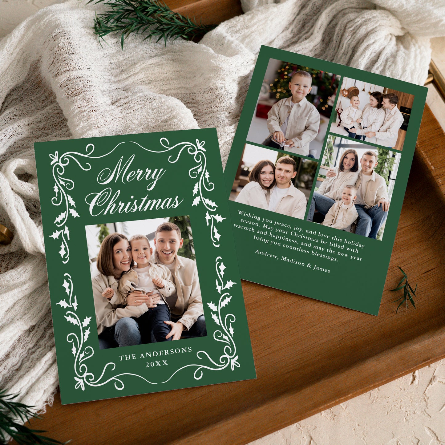Elegant Holly Border Green 5 Photo Christmas Card | Corjl Template
