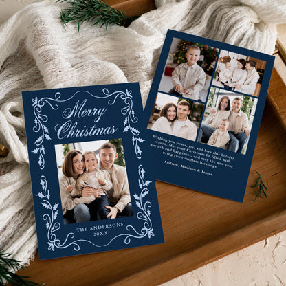 Elegant Holly Border Navy 5 Photo Christmas Card | Corjl Template