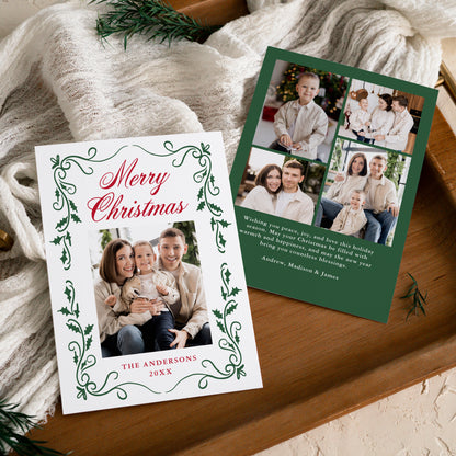 Elegant Red and Green Holly Border 5 Photo Christmas Card | Corjl Template