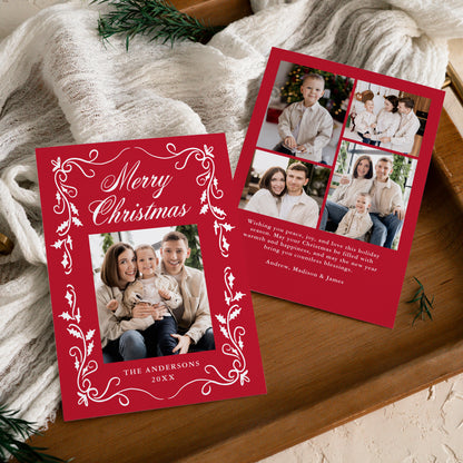 Elegant Holly Border Red 5 Photo Christmas Card | Corjl Template
