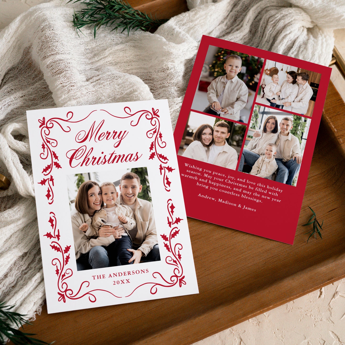 Elegant Red Holly Border 5 Photo Christmas Card | Corjl Template
