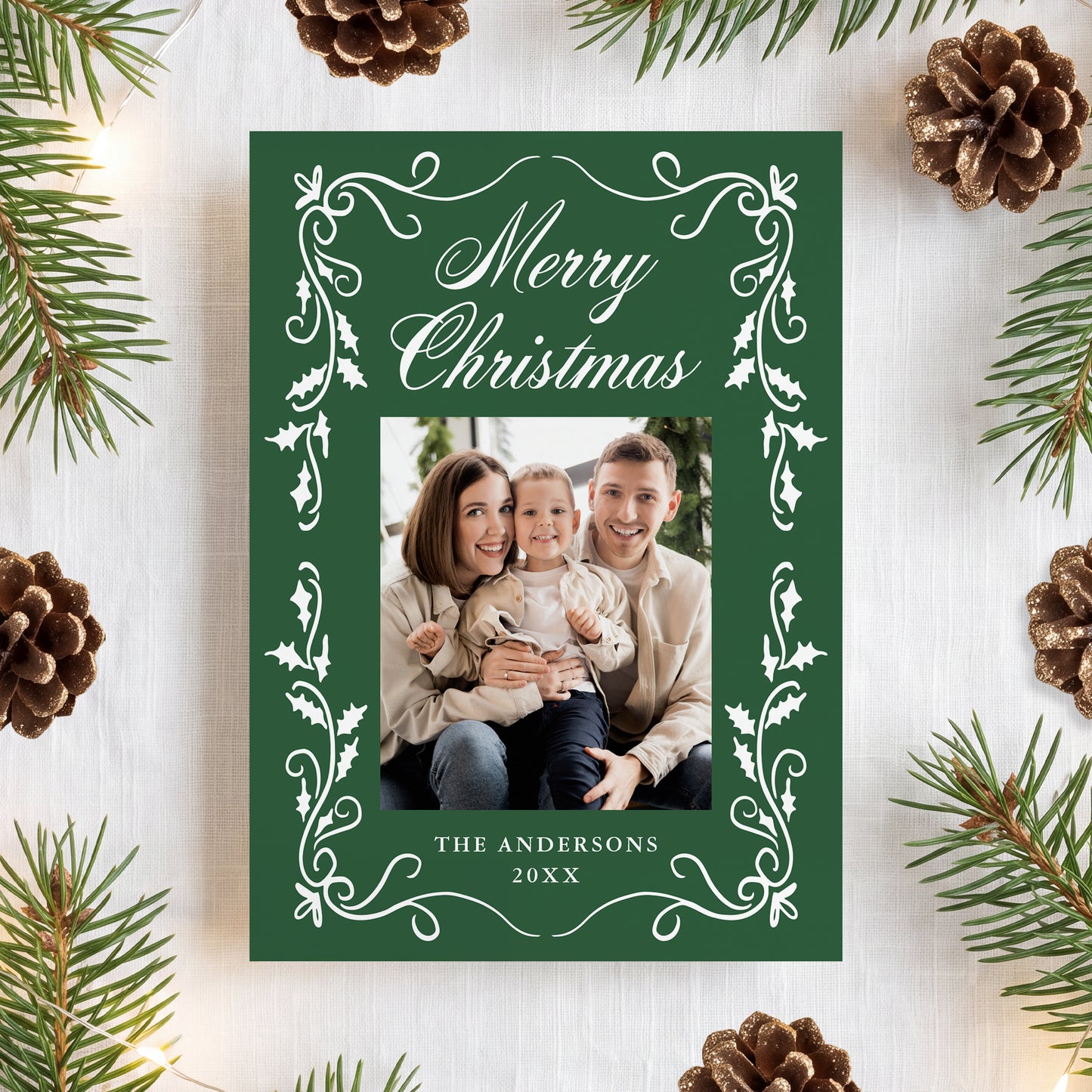 Elegant Holly Border Green 5 Photo Christmas Card | Corjl Template