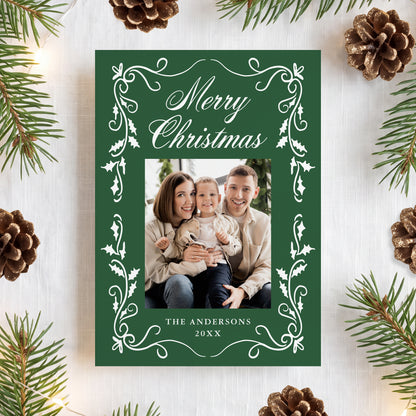Elegant Holly Border Green 5 Photo Christmas Card | Corjl Template
