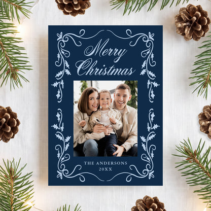 Elegant Holly Border Navy 5 Photo Christmas Card | Corjl Template