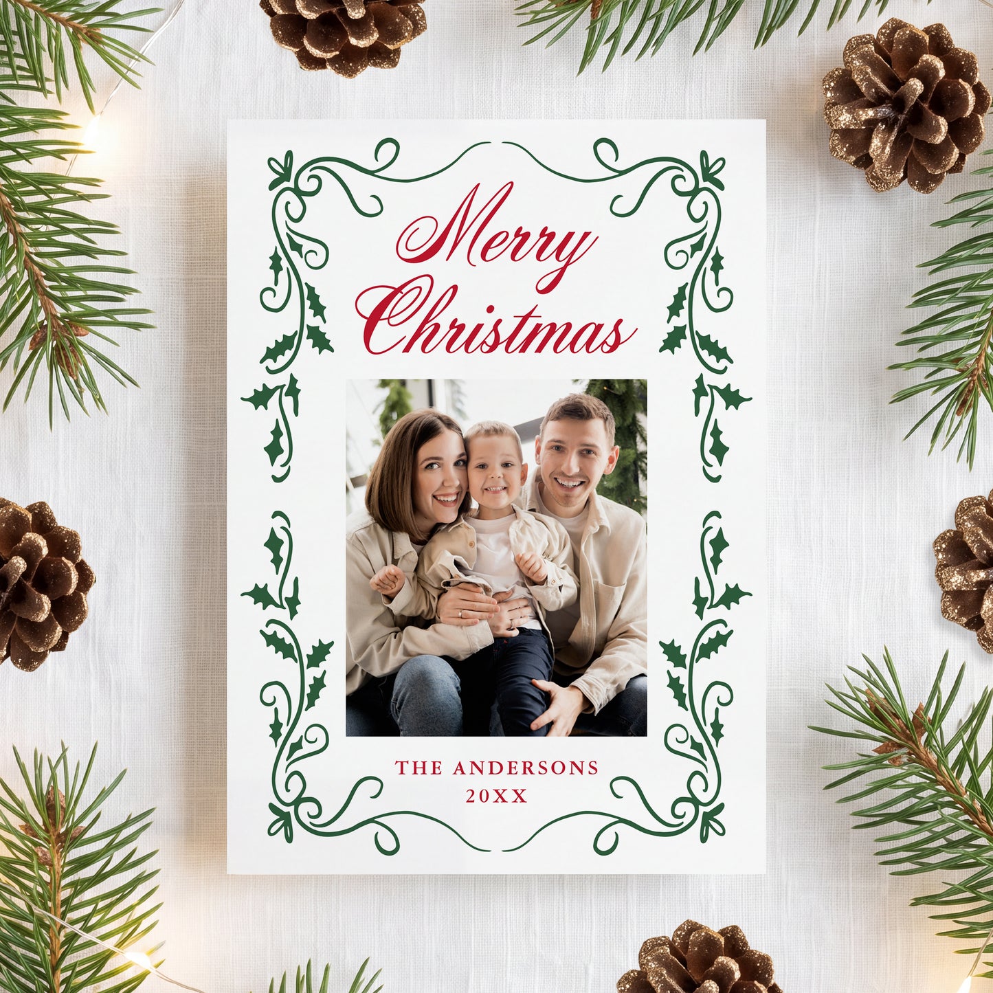 Elegant Red and Green Holly Border 5 Photo Christmas Card | Corjl Template