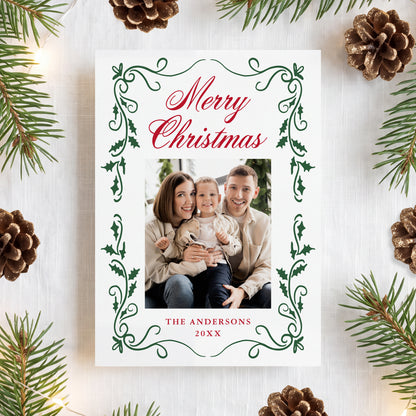 Elegant Red and Green Holly Border 5 Photo Christmas Card | Corjl Template