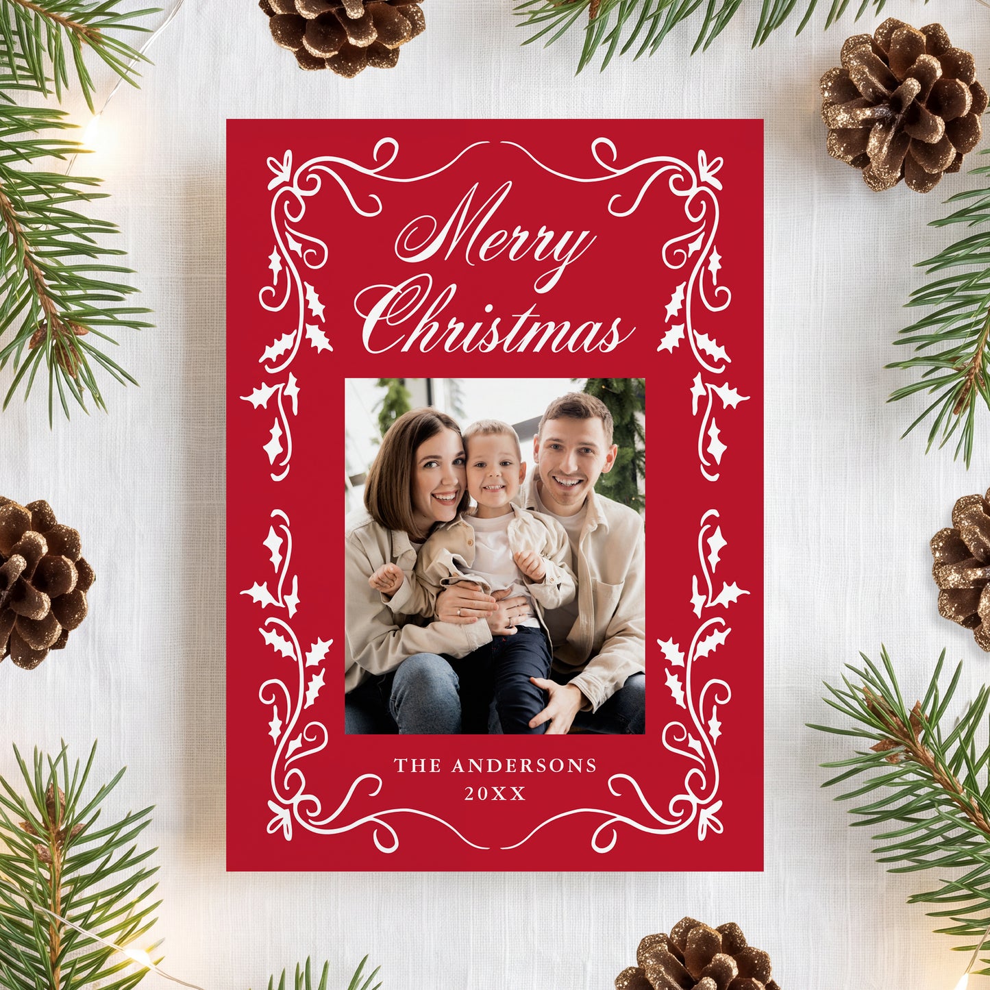 Elegant Holly Border Red 5 Photo Christmas Card | Corjl Template