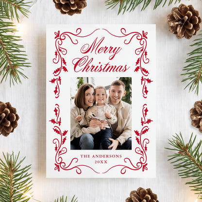 Elegant Red Holly Border 5 Photo Christmas Card | Corjl Template