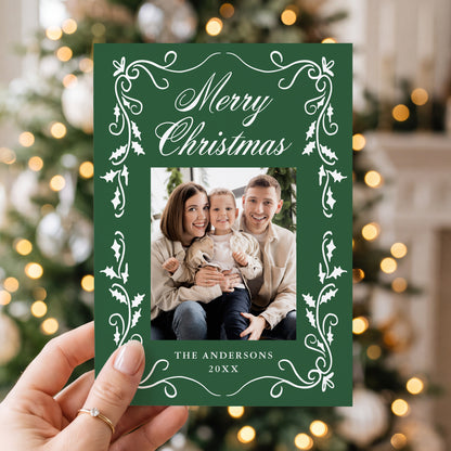 Elegant Holly Border Green 5 Photo Christmas Card | Corjl Template