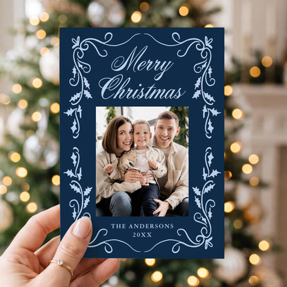 Elegant Holly Border Navy 5 Photo Christmas Card | Corjl Template