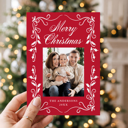 Elegant Holly Border Red 5 Photo Christmas Card | Corjl Template