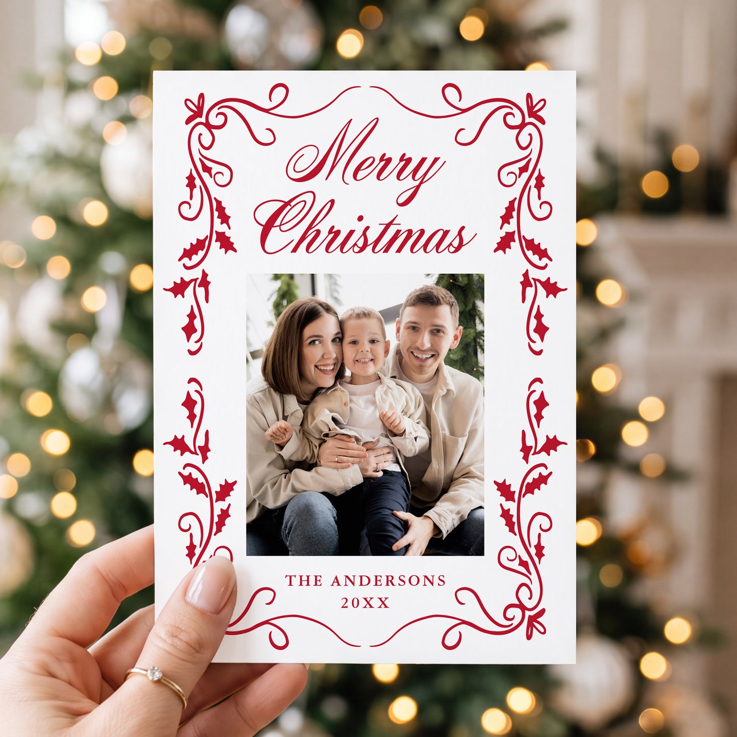 Elegant Red Holly Border 5 Photo Christmas Card | Corjl Template