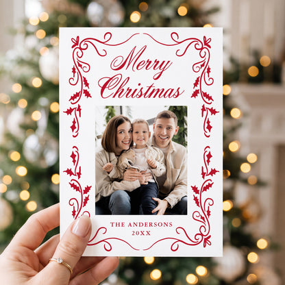 Elegant Red Holly Border 5 Photo Christmas Card | Corjl Template