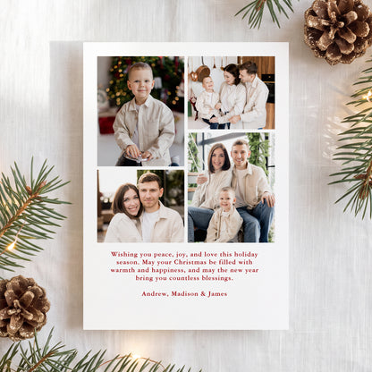 Elegant Red Bow Watercolor Greenery 5 Photo Holiday Card Template
