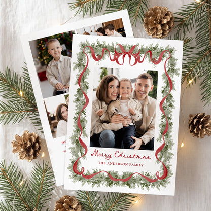Elegant Red Bow Watercolor Greenery 5 Photo Holiday Card Template
