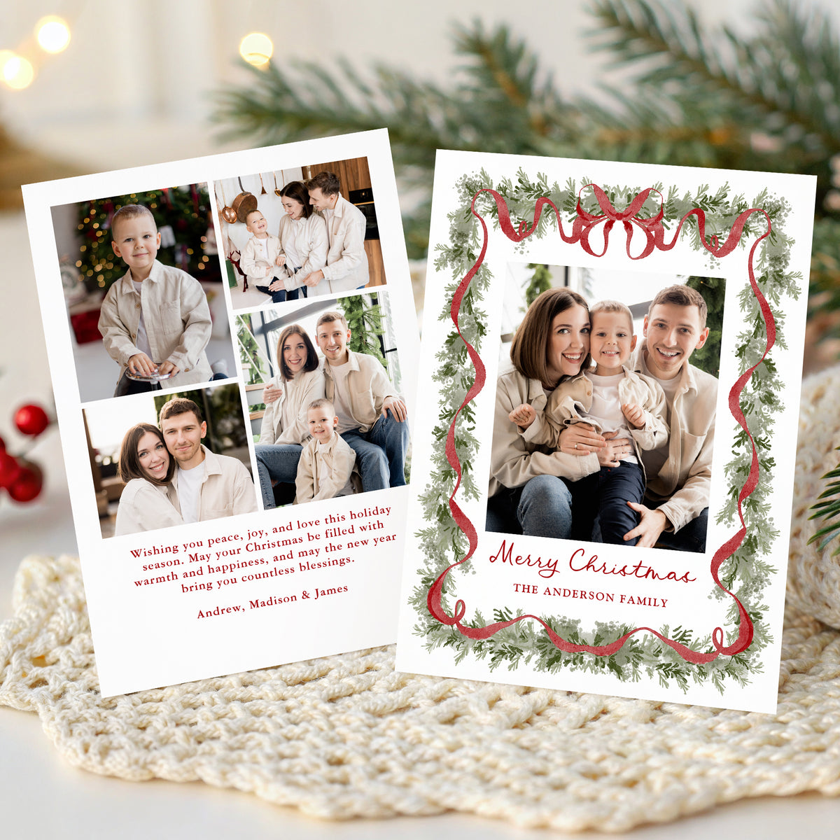 Elegant Red Bow Watercolor Greenery 5 Photo Holiday Card Template