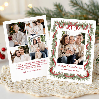 Elegant Red Bow Watercolor Greenery 5 Photo Holiday Card Template