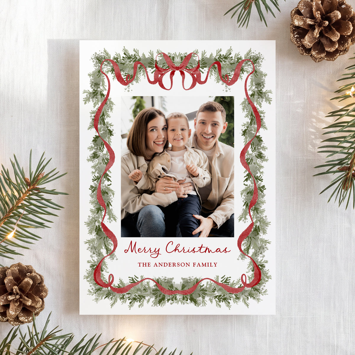 Elegant Red Bow Watercolor Greenery 5 Photo Holiday Card Template