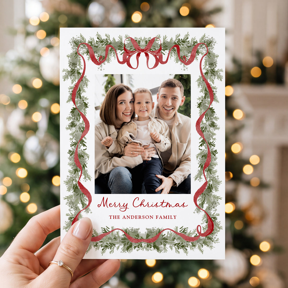 Elegant Red Bow Watercolor Greenery 5 Photo Holiday Card Template
