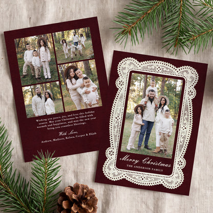 Elegant Burgundy Vintage Lace Christmas Photo Card Template