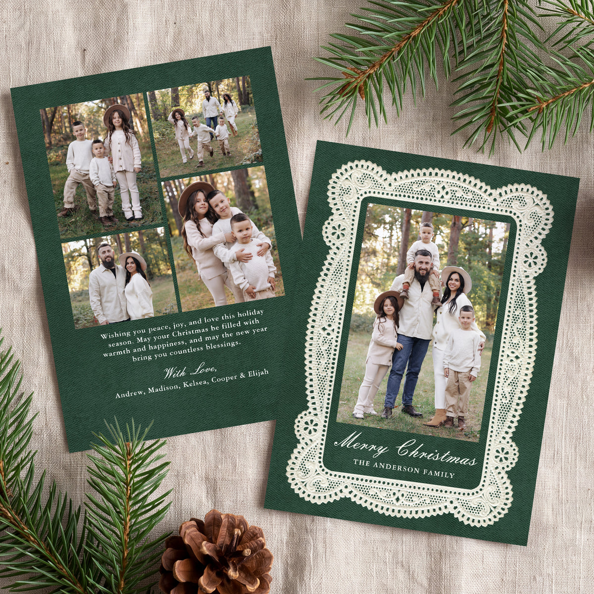 Elegant Vintage Lace Green Christmas Photo Card Template