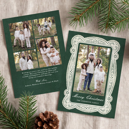 Elegant Vintage Lace Green Christmas Photo Card Template