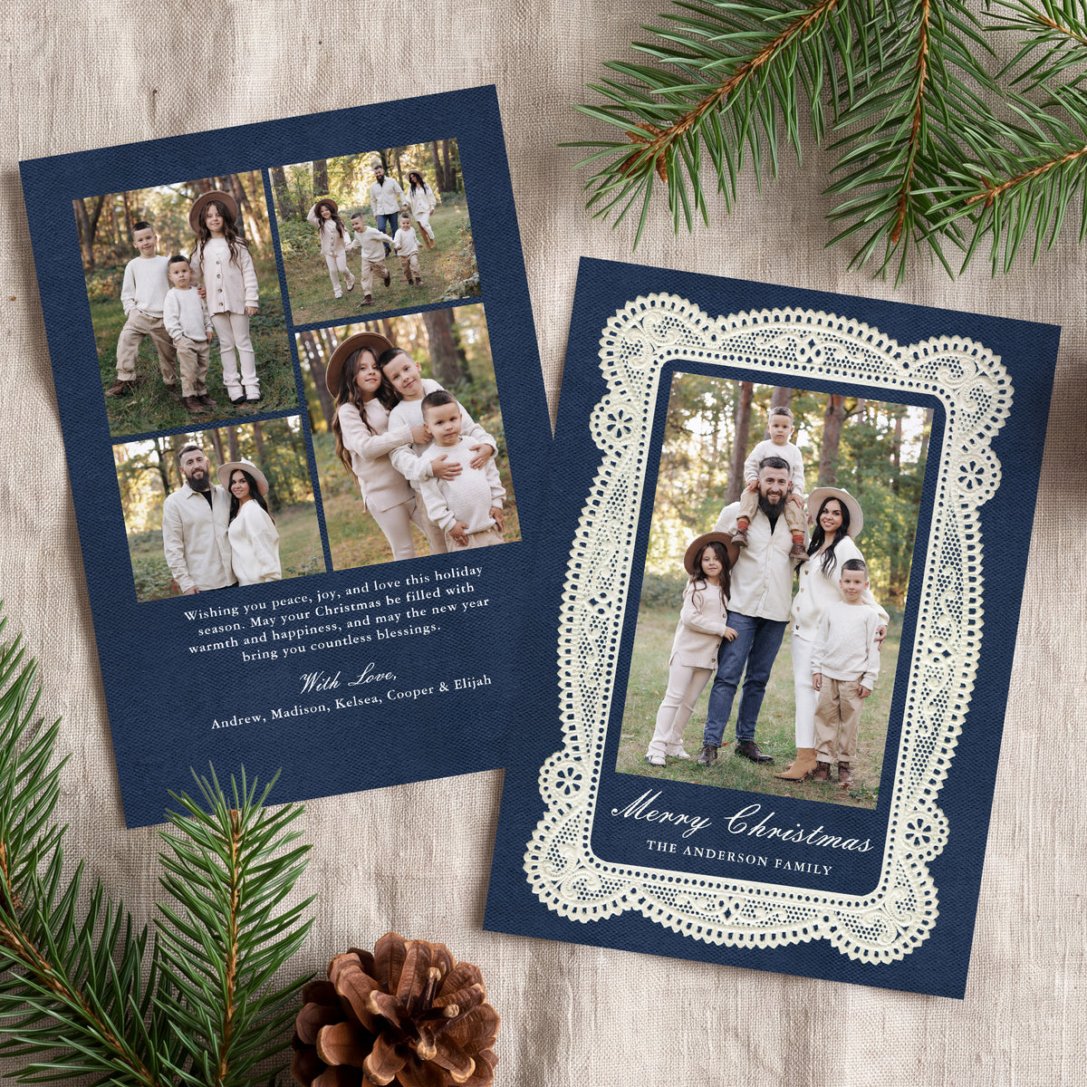 Elegant Vintage Lace Navy Christmas Photo Card Template