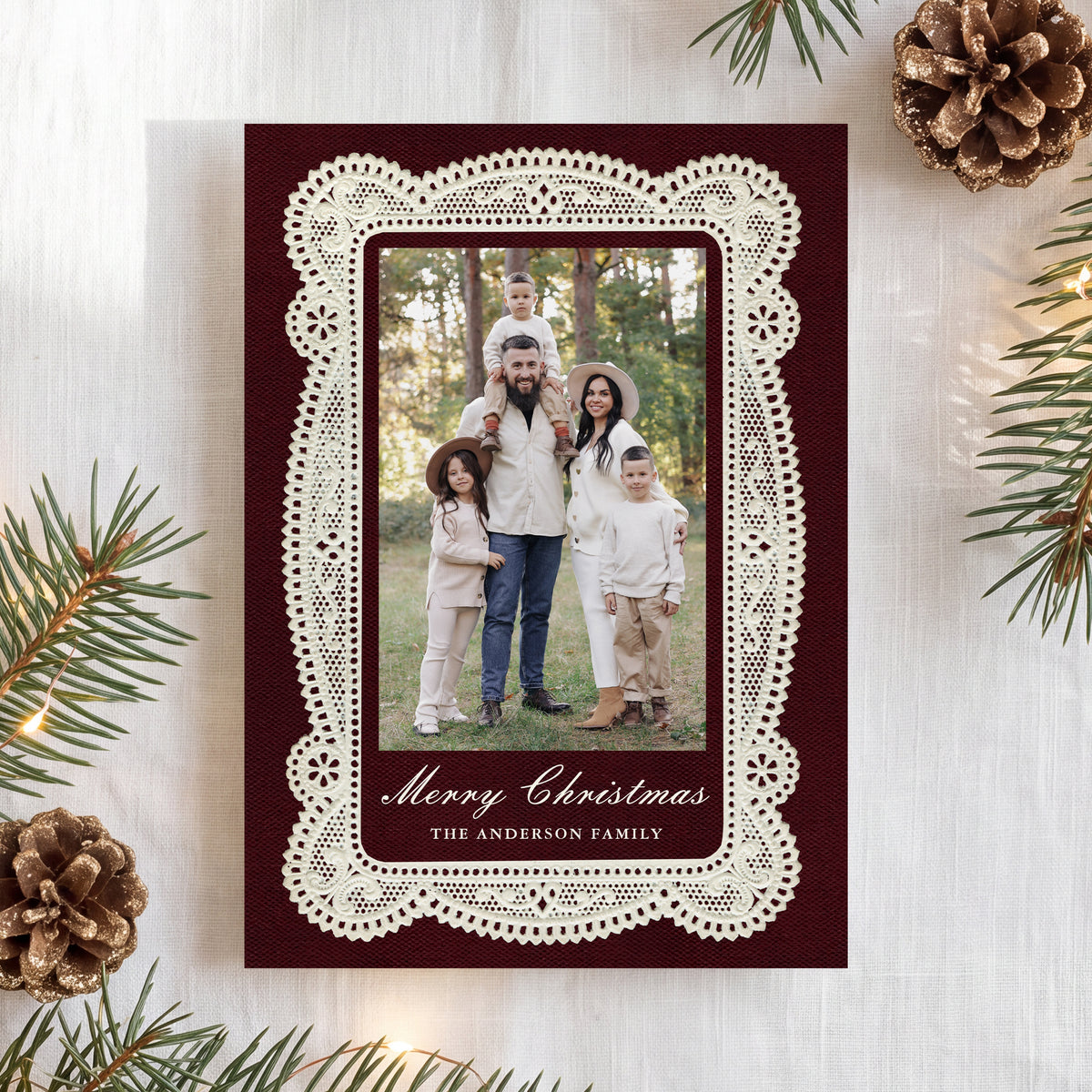 Elegant Burgundy Vintage Lace Christmas Photo Card Template