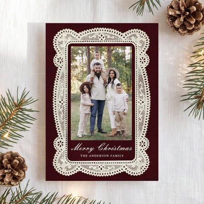 Elegant Burgundy Vintage Lace Christmas Photo Card Template