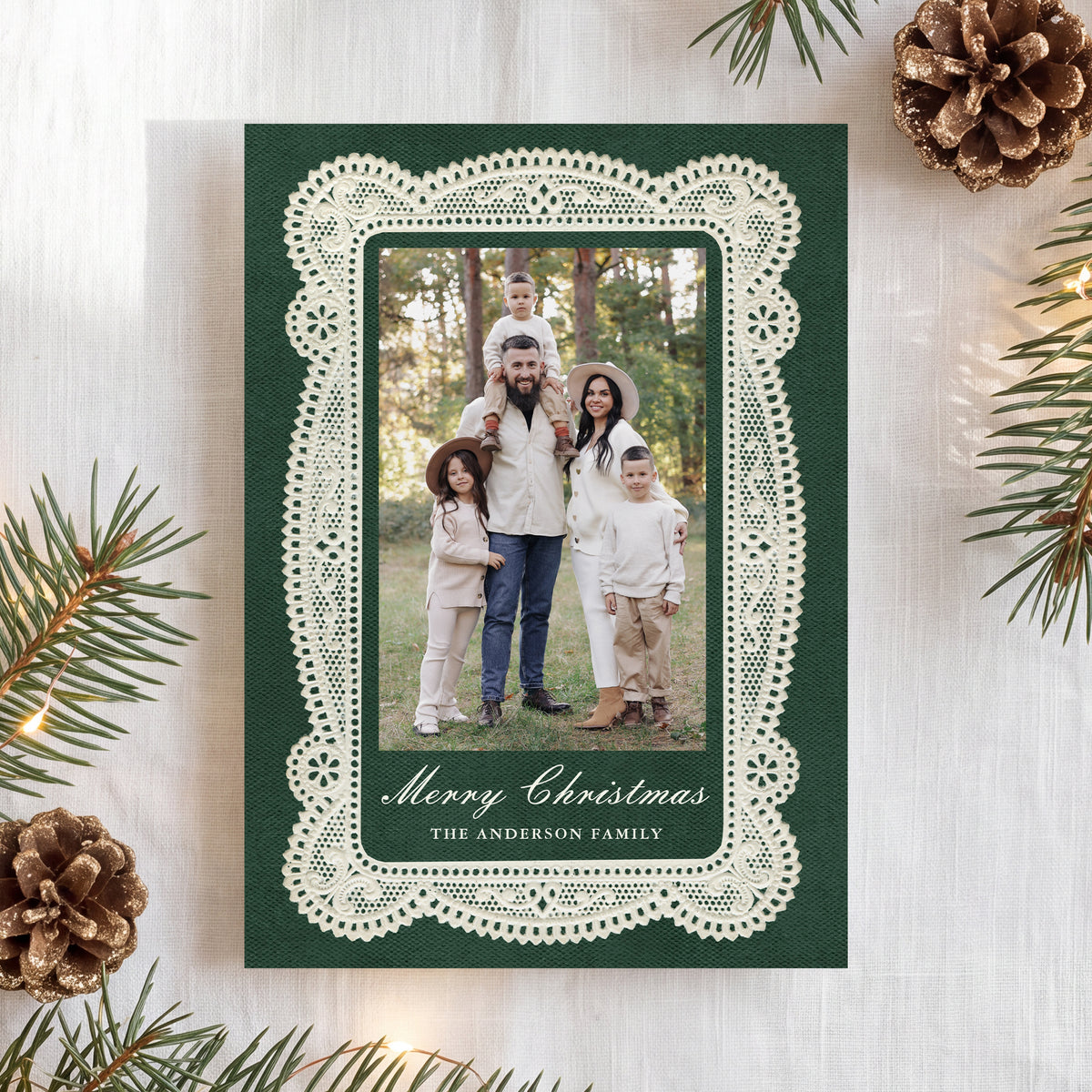 Elegant Vintage Lace Green Christmas Photo Card Template