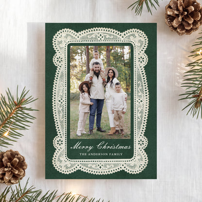 Elegant Vintage Lace Green Christmas Photo Card Template