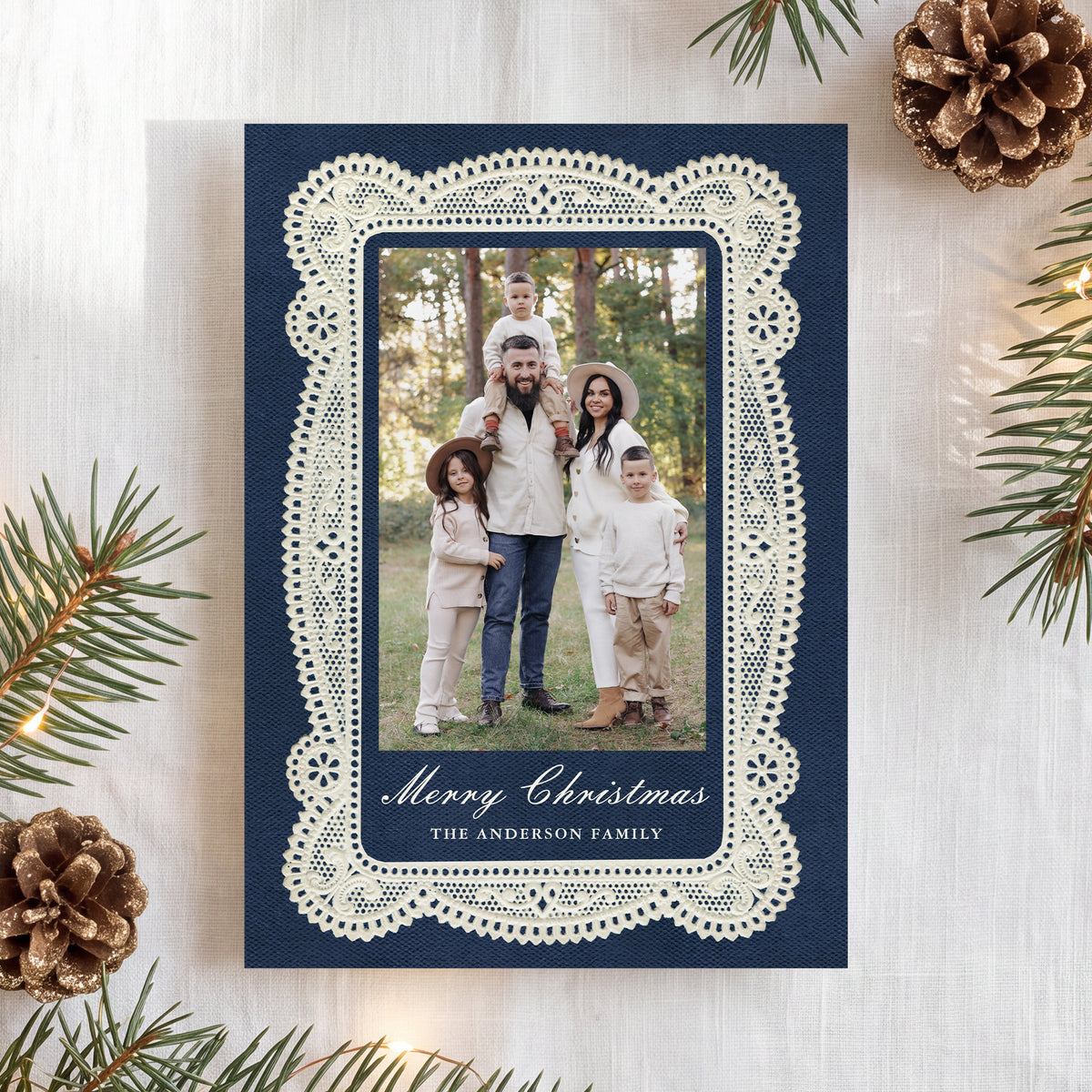Elegant Vintage Lace Navy Christmas Photo Card Template