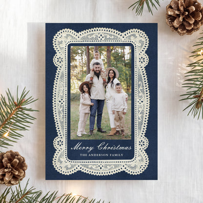 Elegant Vintage Lace Navy Christmas Photo Card Template