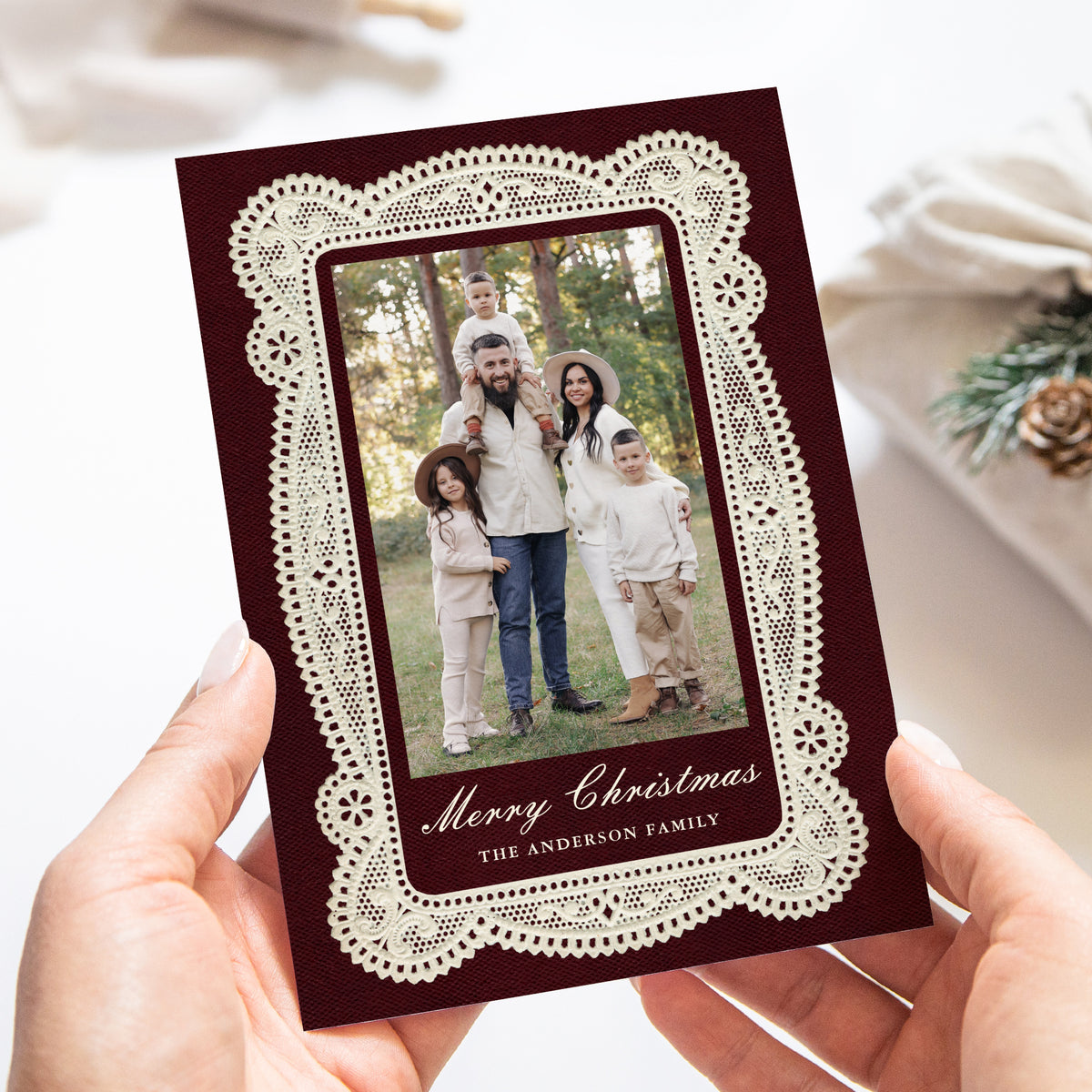 Elegant Burgundy Vintage Lace Christmas Photo Card Template