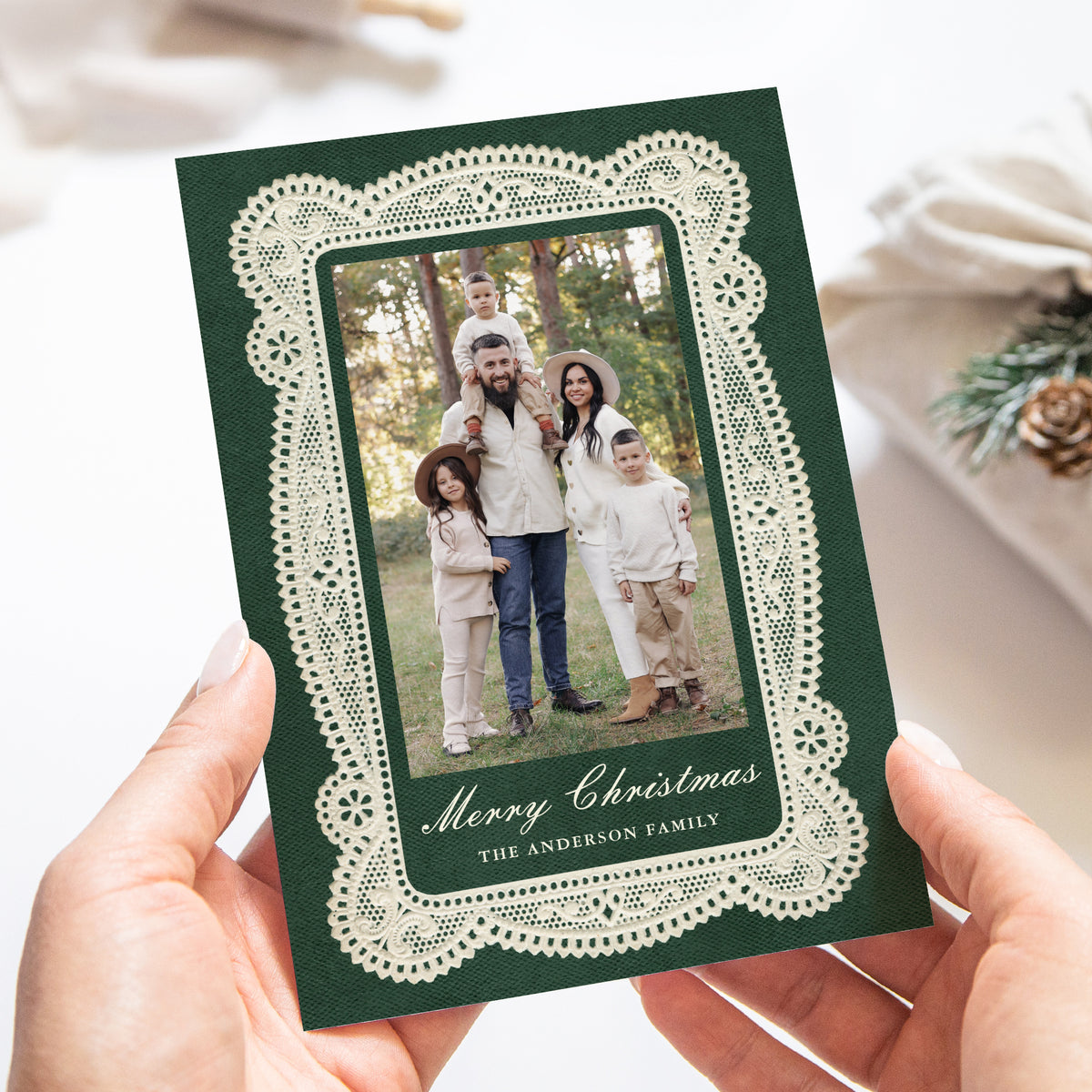 Elegant Vintage Lace Green Christmas Photo Card Template