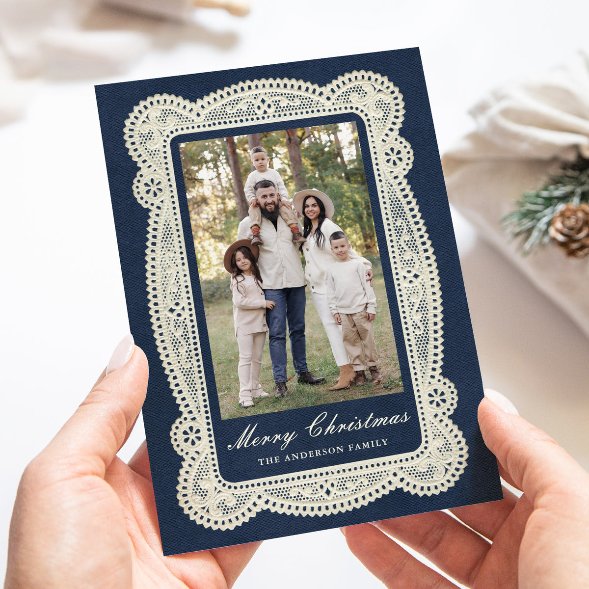 Elegant Vintage Lace Navy Christmas Photo Card Template