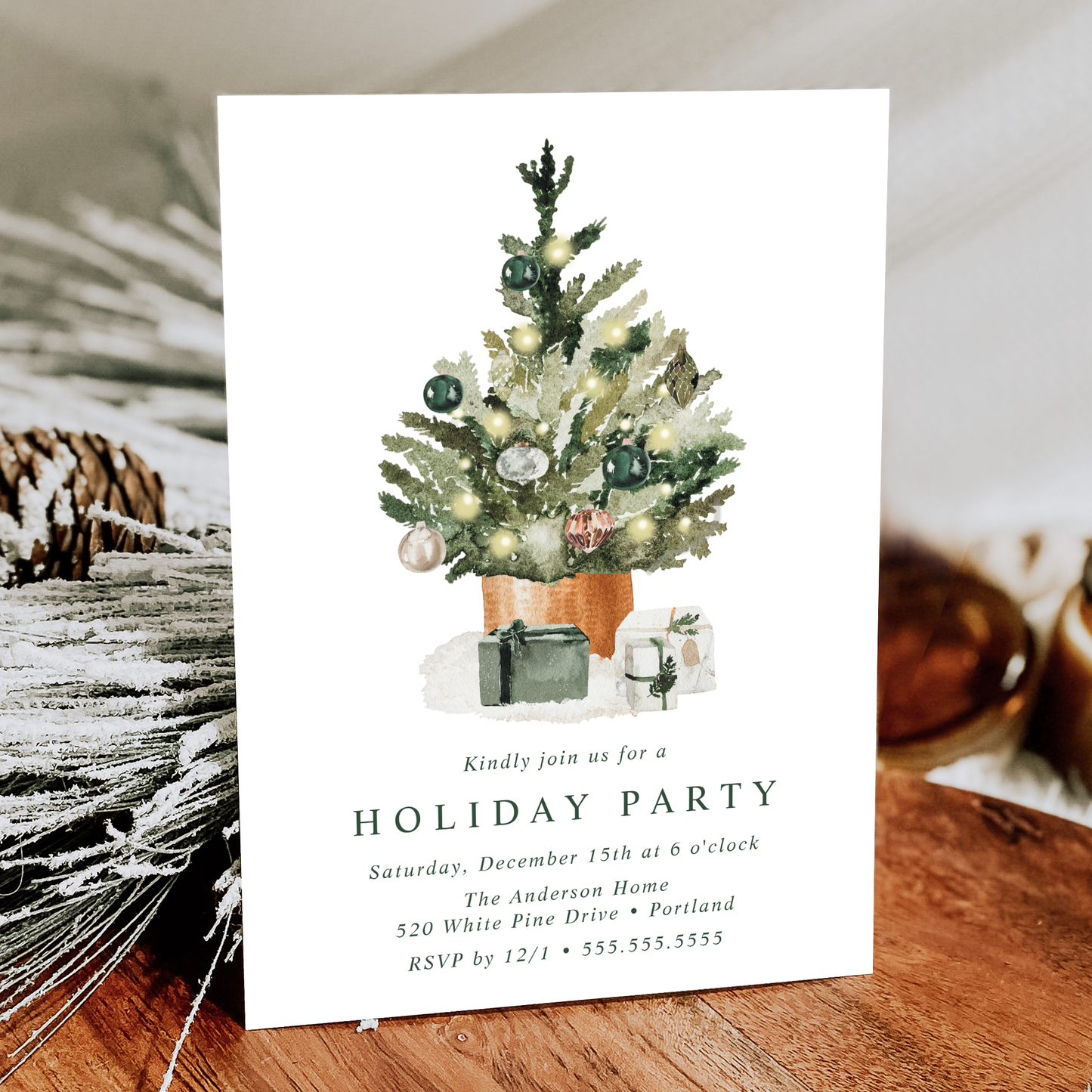Elegant Watercolor Christmas Tree Holiday Party Invitation | Corjl Template