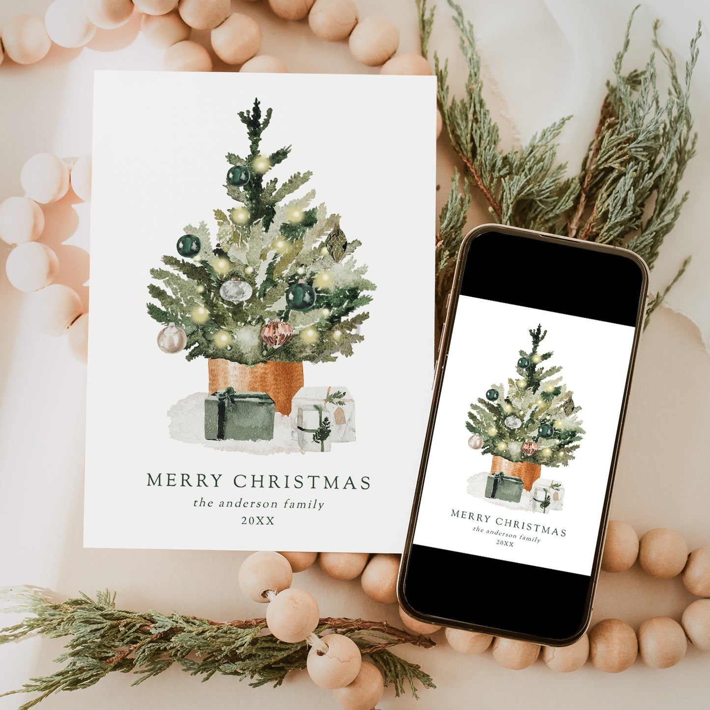 Elegant Watercolor Christmas Tree Non-Photo Holiday Card | Corjl Template