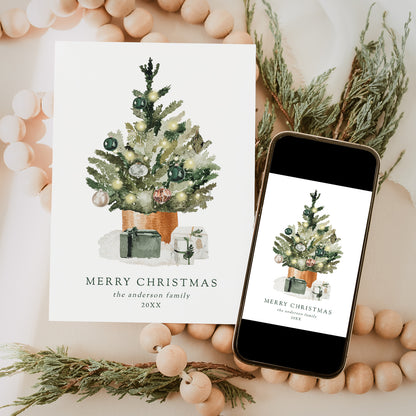 Elegant Watercolor Christmas Tree Non-Photo Holiday Card | Corjl Template