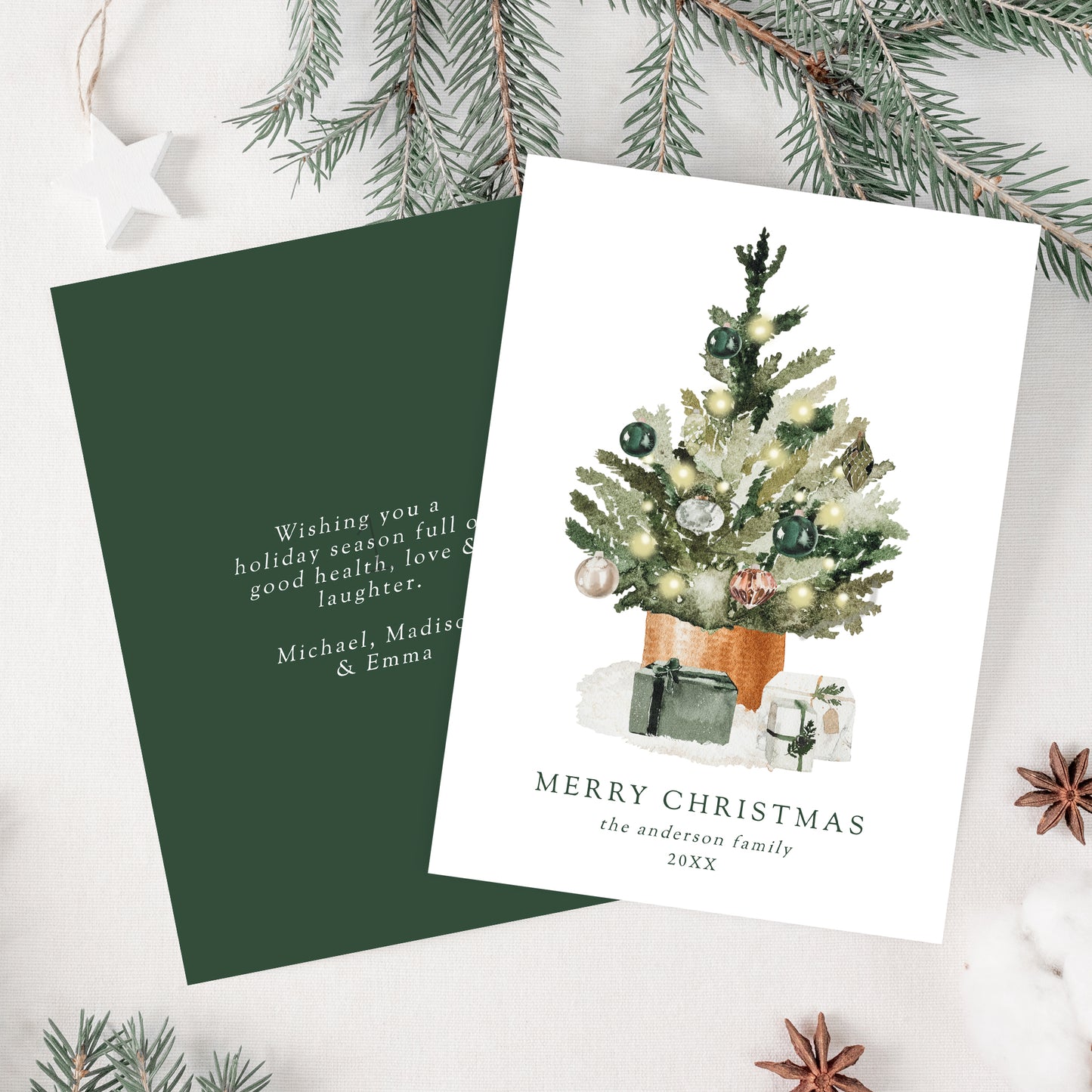 Elegant Watercolor Christmas Tree Non-Photo Holiday Card | Corjl Template
