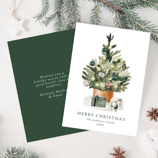 Elegant Watercolor Christmas Tree Non-Photo Holiday Card | Corjl Template